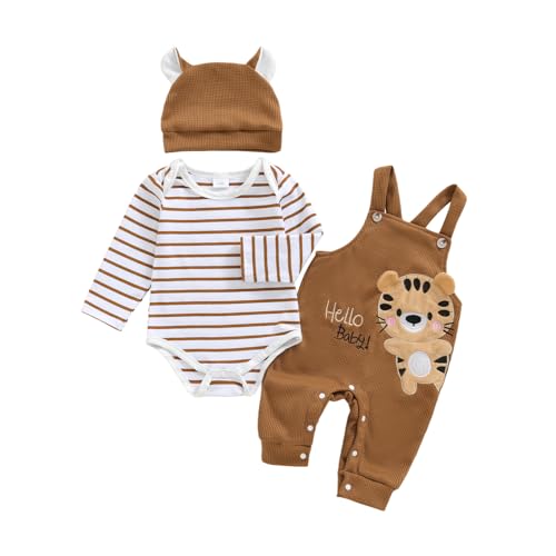 Bonangber Newborn Baby Boy Fall Winter Clothes Striped Long Sleeve Romper Tiger Overall Pants Hat 3Pcs Set Cute Coming Home Outfit(C-Brown Tiger,9-12 Months) - Image 1