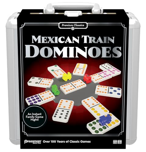 Pressman Premium Classics Mexican Train Dominoes Aluminum Carry Case for Storage and Travel 210 Players Ages 8 - Image 1