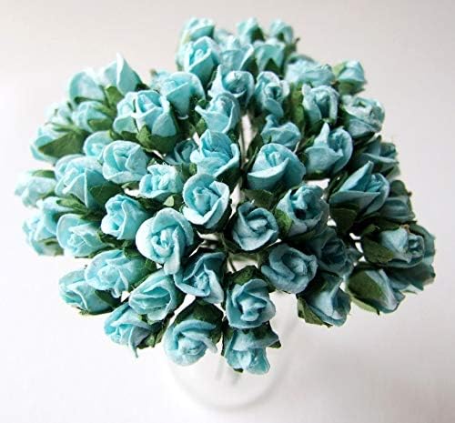 ICRAFY Assorted 100 Tiny Rose Bud Mulberry Paper Flower Artificial Craft Scrapbook Wedding Supply Accessory DIY, 2 Tone Style Blue Green White Red Yellow Pink Red Color, Size 0.5 cm. - Image 3
