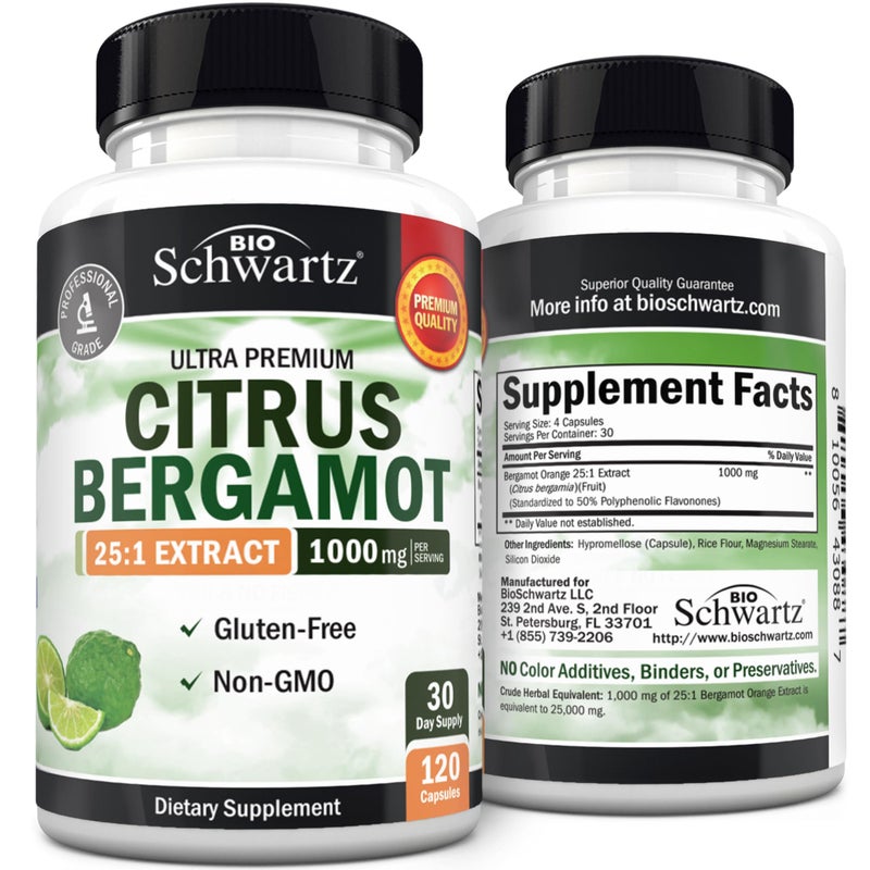 BioSchwartz Citrus Bergamot 1000mg - Citrus Bergamot Supplement for Cholesterol and Heart Health - Ultra Concentrated from Fresh Fruit for Enhanced Absorption - Vegan, Non-GMO, Gluten-Free - 120 Mini Capsules - Image 1