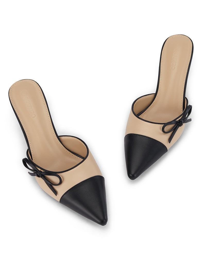 Coutgo Womens Kitten Heels Bow Tie Mules Two Tone Closed Pointed Toe Slip On Backless Wedding Dress Shoes Pumps, Khaki, Size 8 - Image 1