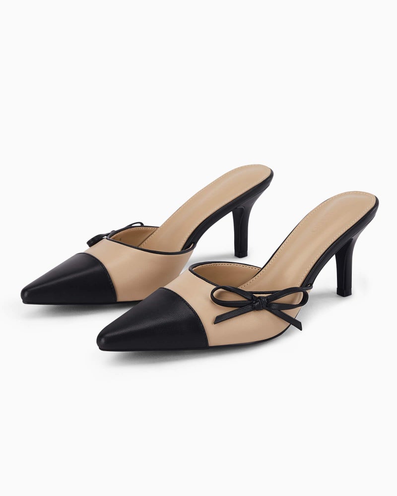 Coutgo Womens Kitten Heels Bow Tie Mules Two Tone Closed Pointed Toe Slip On Backless Wedding Dress Shoes Pumps, Khaki, Size 8 - Image 5