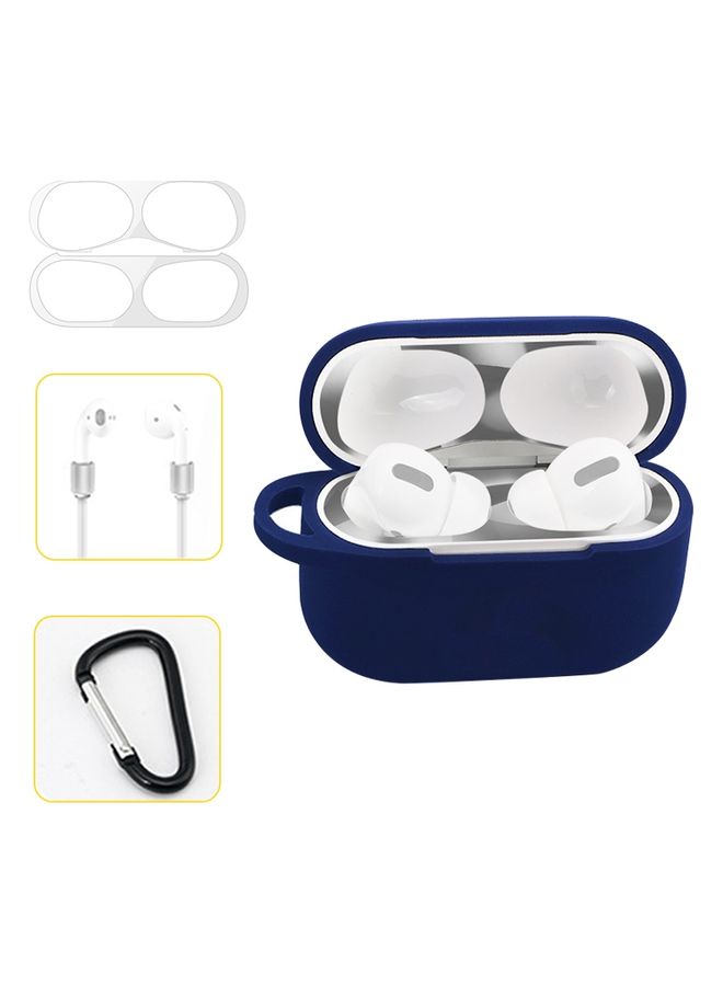 Case Cover For AirPods Pro Silicone Wireless Earphone Protective Case Storage Box with Hook & Anti-drop Rope Blue+Silver Inner Sticker