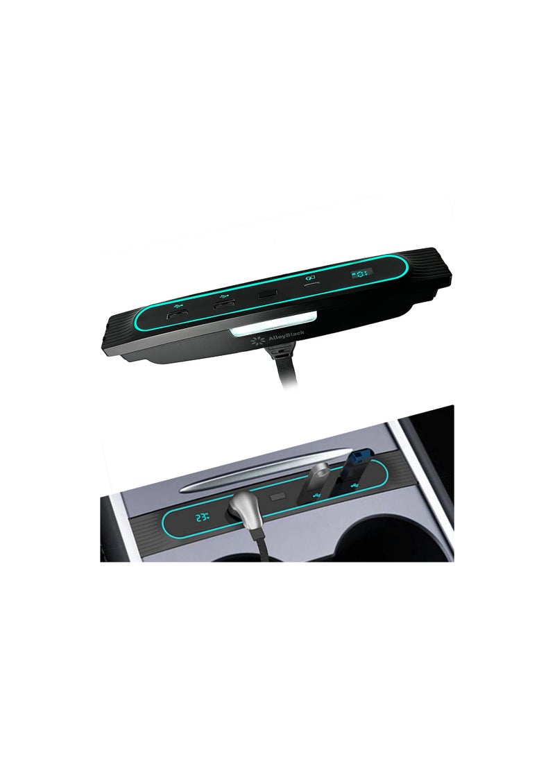 Generic - Tesla USB Hub with Digital Display and Colorful LED Light - Multi-Port Car Charger for Model 3 and Model Y Accessories, Perfect for Center Console Use. - Image 1