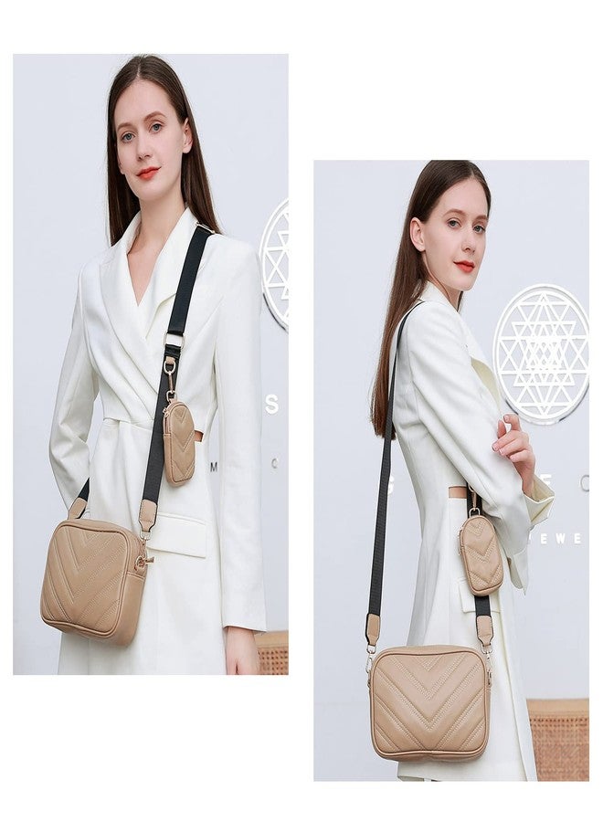 Herald Chevron Quilted Small Crossbody Bag with Coin Purse Pouch Women Square Snapshot Camera Side Shoulder 2 Size Handbag, Khaki - Image 2