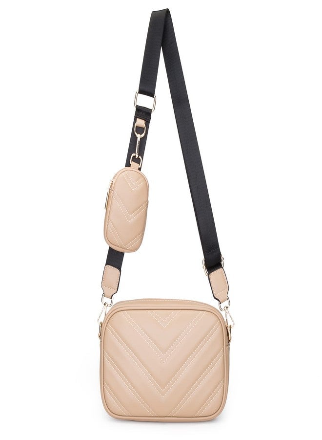 Herald Chevron Quilted Small Crossbody Bag with Coin Purse Pouch Women Square Snapshot Camera Side Shoulder 2 Size Handbag, Khaki - Image 1