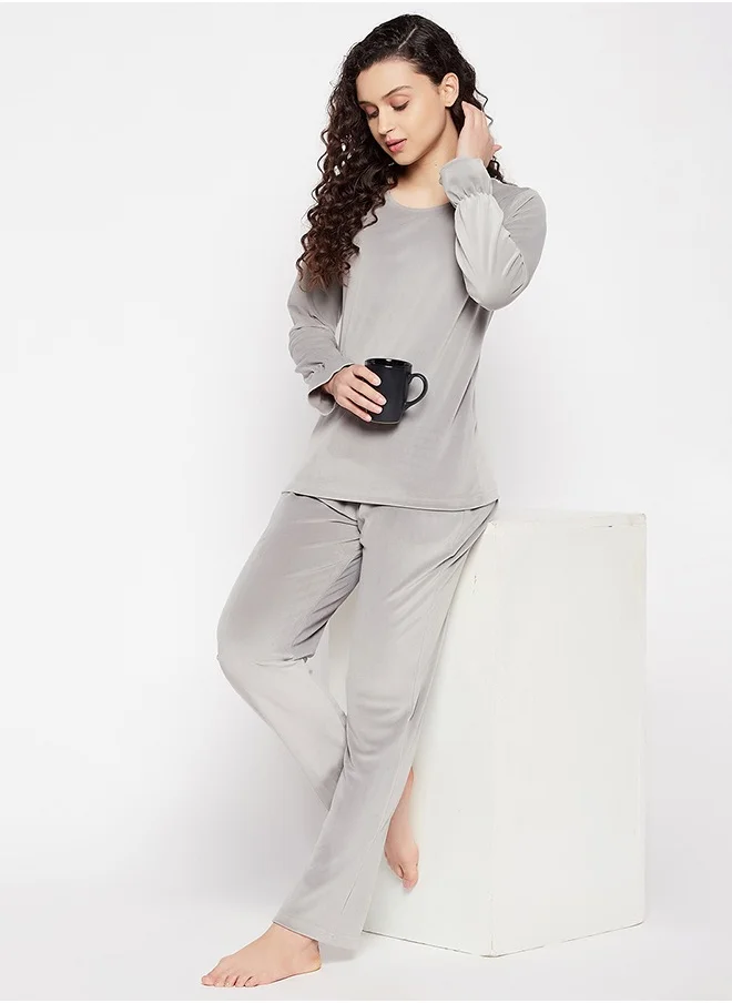 Clovia Clovia Chic Basic Top & Pyjama Set in Grey - Velour