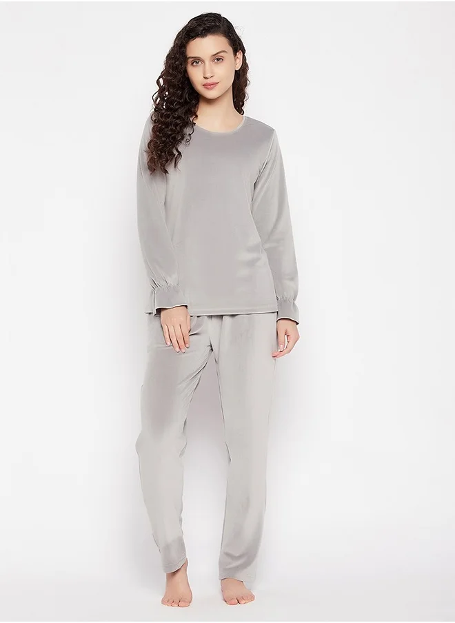 Clovia Clovia Chic Basic Top & Pyjama Set in Grey - Velour