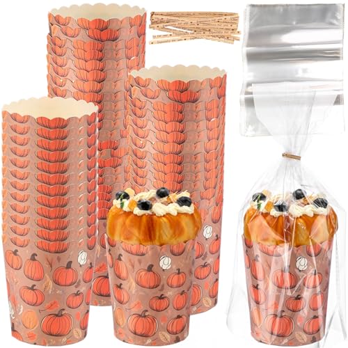 Potchen 50 Sets 12oz Fall Panettone Paper Mold Sets Disposable Autumn Paper Bread Molds Baking Cake Pan with Clear Plastic Bags and Ties for Fall Autumn Thanksgiving Bread Cake BakeryPumpkin - Image 1