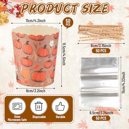 Potchen 50 Sets 12oz Fall Panettone Paper Mold Sets Disposable Autumn Paper Bread Molds Baking Cake Pan with Clear Plastic Bags and Ties for Fall Autumn Thanksgiving Bread Cake BakeryPumpkin - Image 5