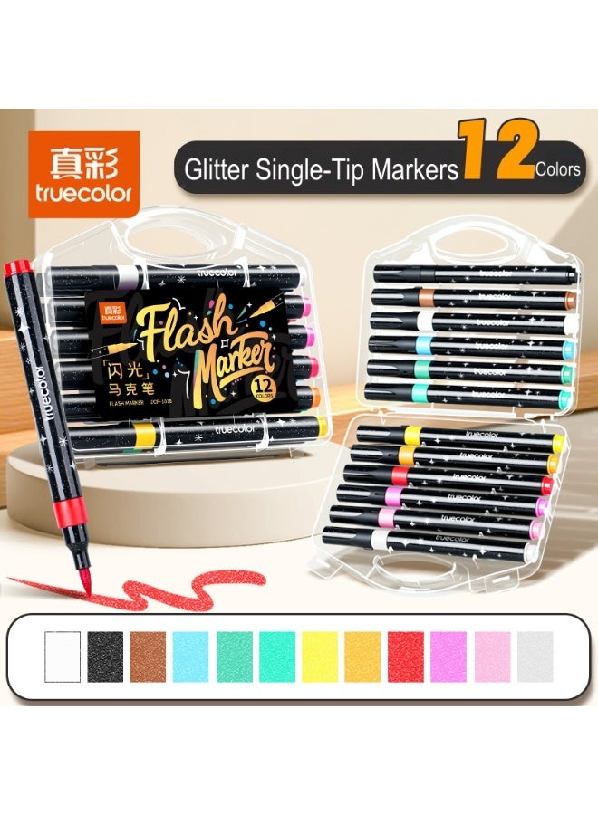 True Color New Elementary School Art Pens, 12-Color Dream Glitter Acrylic Soft-Tip Markers - Image 1