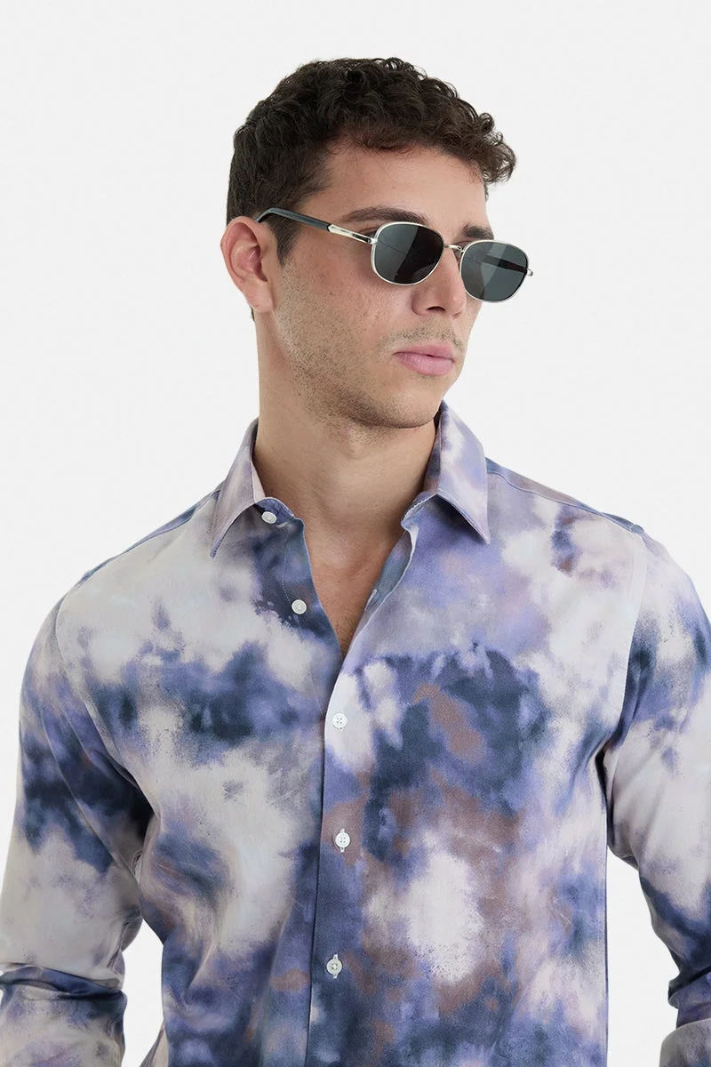 SNITCH Blue Tie-Dye Long Sleeve Slim Fit Casual Shirt
