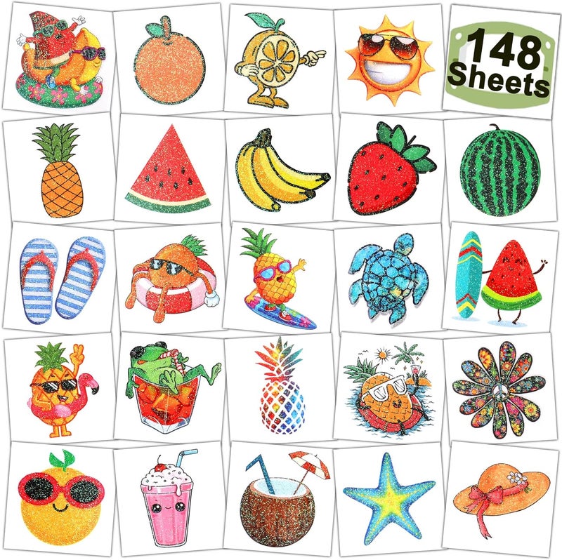 148 PCS Summer Glitter Fruit Temporary Tattoos for Kids Watermelon Pineapple Individual Tattoos for Boys Girls Pool Birthday Party Favors Goodie Bag Fillers