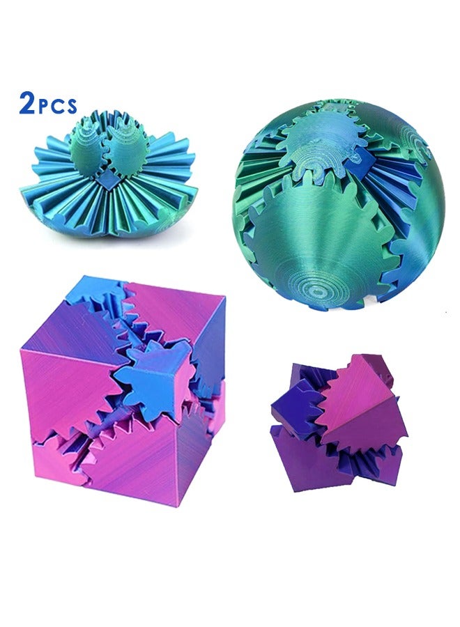 2Pcs Gear Ball, 3D Printed Gear Ball Spin Ball, Cube & Spherical Fidget Toys, Gear Sphere Desk Toy, Gear Toy for Stress and Anxiety Relaxing for Kids Adults - Image 1