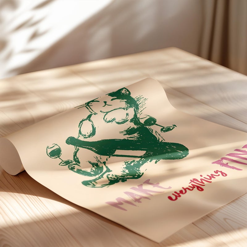 TNESSENTIAL Cats and Wine Make Everything Fine Wall Art Poster or Canvas Print, Funny Kitchen Print, Funny Cat Poster, Cat with Wine Retro Kitchen Decor - Image 2