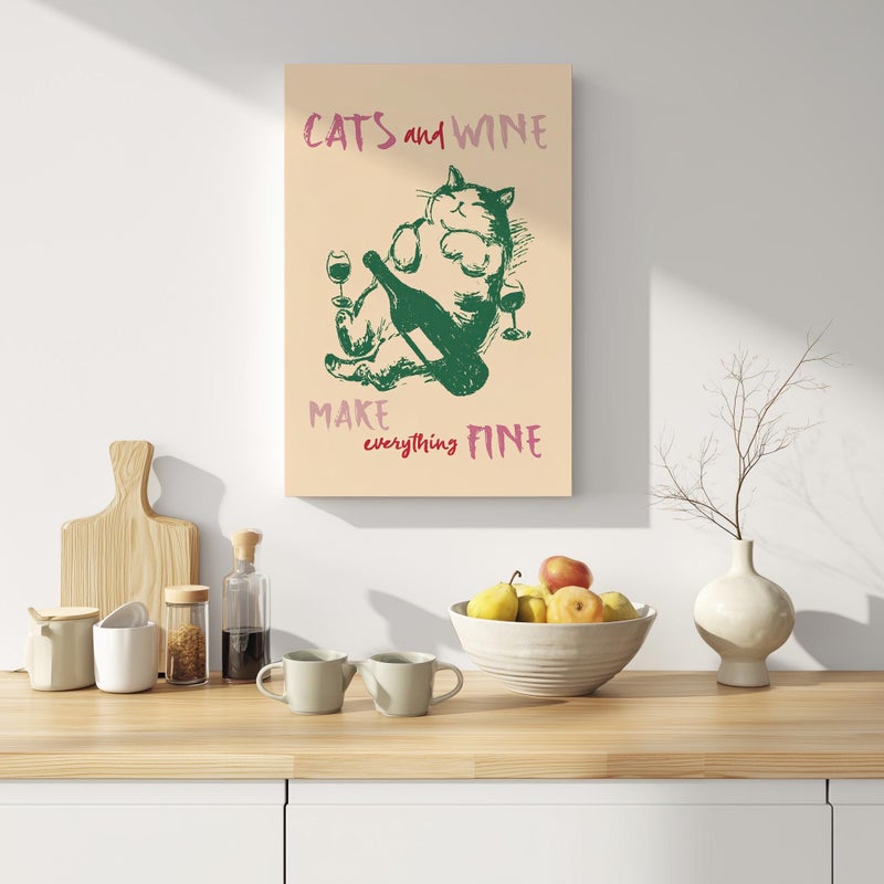 TNESSENTIAL Cats and Wine Make Everything Fine Wall Art Poster or Canvas Print, Funny Kitchen Print, Funny Cat Poster, Cat with Wine Retro Kitchen Decor - Image 5