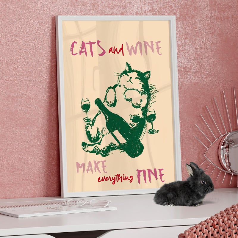 TNESSENTIAL Cats and Wine Make Everything Fine Wall Art Poster or Canvas Print, Funny Kitchen Print, Funny Cat Poster, Cat with Wine Retro Kitchen Decor - Image 3