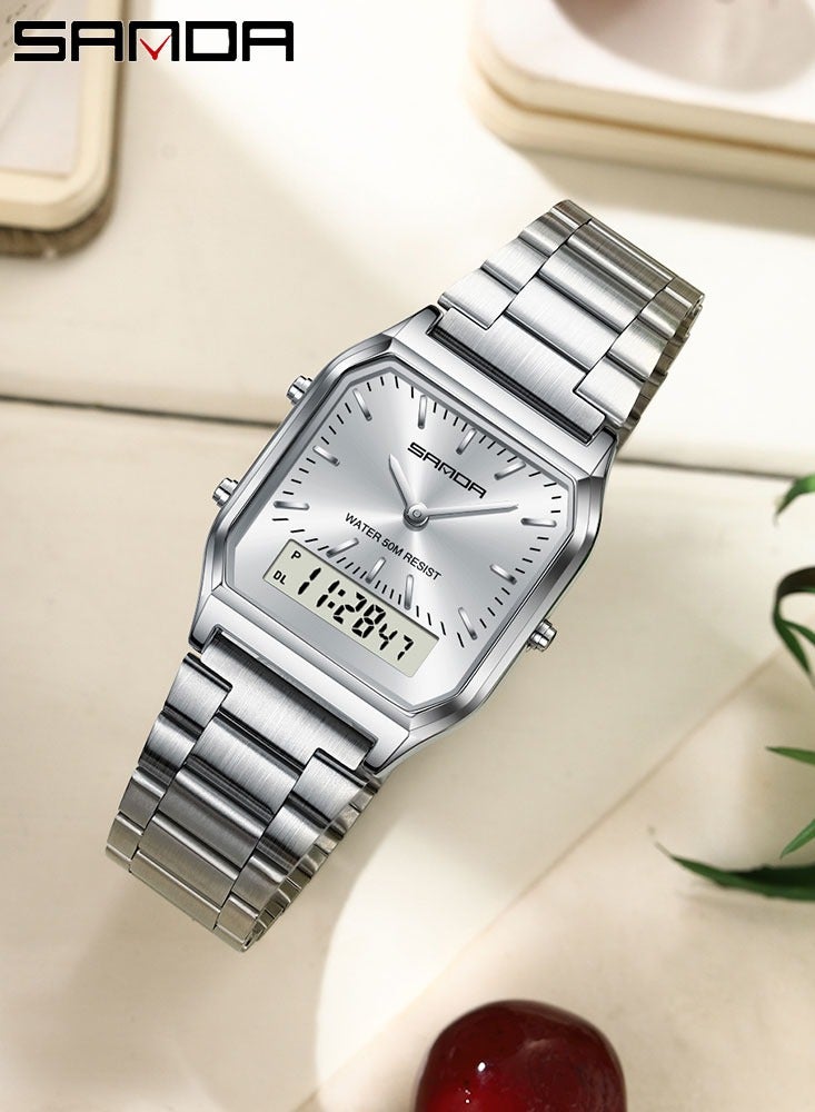 SANDA Luxury Watches Stainless Steel Women LED Digital Dual Display Clock Unisex Waterproof Sports Quartz Watch - Image 3