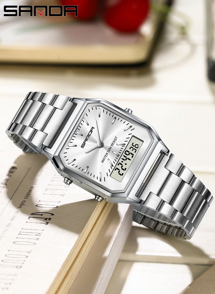 SANDA Luxury Watches Stainless Steel Women LED Digital Dual Display Clock Unisex Waterproof Sports Quartz Watch - Image 2