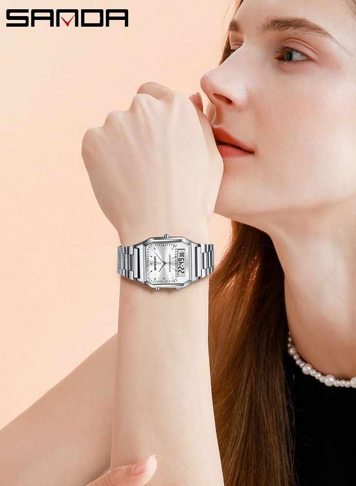 SANDA Luxury Watches Stainless Steel Women LED Digital Dual Display Clock Unisex Waterproof Sports Quartz Watch - Image 4