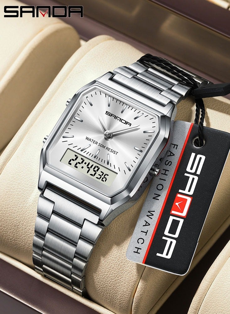 SANDA Luxury Watches Stainless Steel Women LED Digital Dual Display Clock Unisex Waterproof Sports Quartz Watch - Image 1