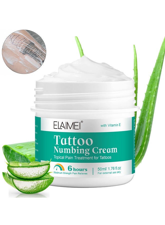 Elaimei Tattoo Numbing Cream, With Vitamin E, Topical Pain Treatment For Tattoos, 6-Hours Maximum Intensity Pain Relief, Repair Embroidery Soothing And Analgesic Cream, 50ML - Image 1