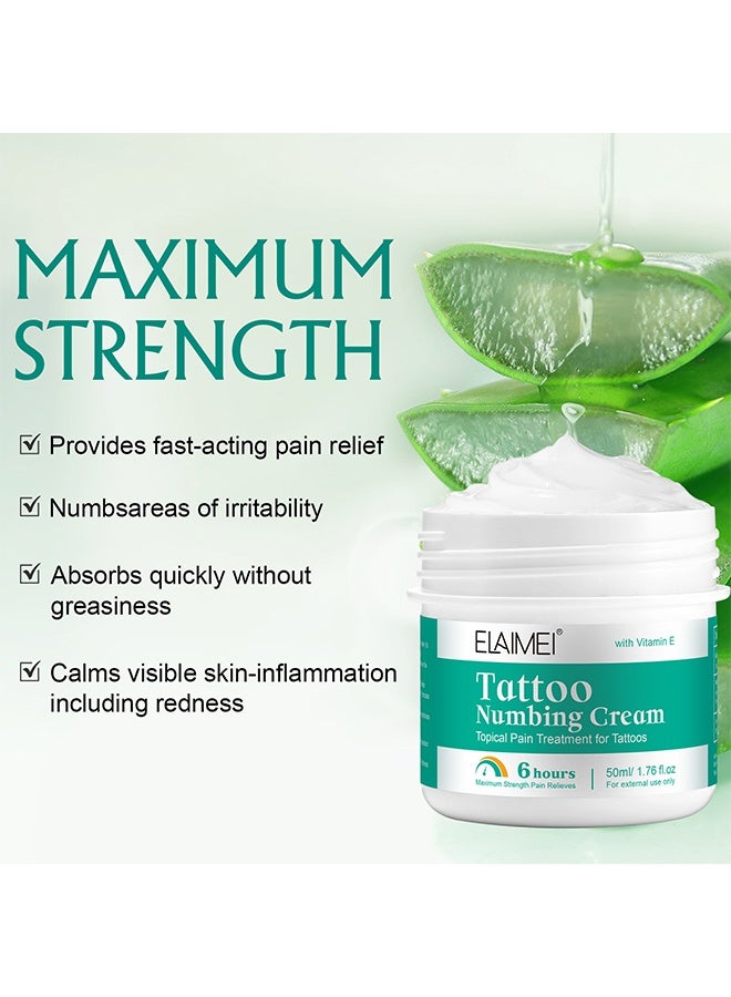 Elaimei Tattoo Numbing Cream, With Vitamin E, Topical Pain Treatment For Tattoos, 6-Hours Maximum Intensity Pain Relief, Repair Embroidery Soothing And Analgesic Cream, 50ML - Image 4