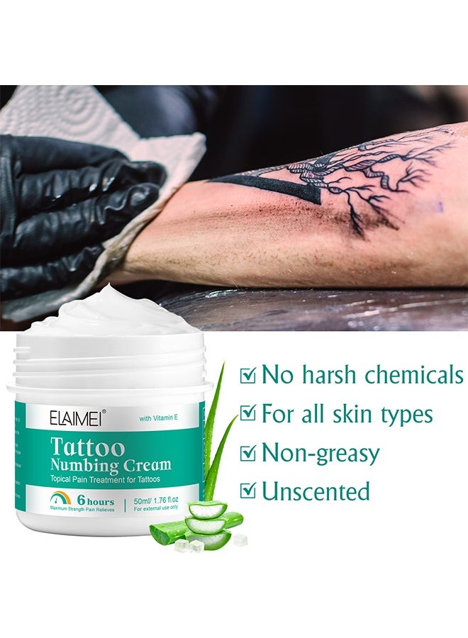 Elaimei Tattoo Numbing Cream, With Vitamin E, Topical Pain Treatment For Tattoos, 6-Hours Maximum Intensity Pain Relief, Repair Embroidery Soothing And Analgesic Cream, 50ML - Image 2