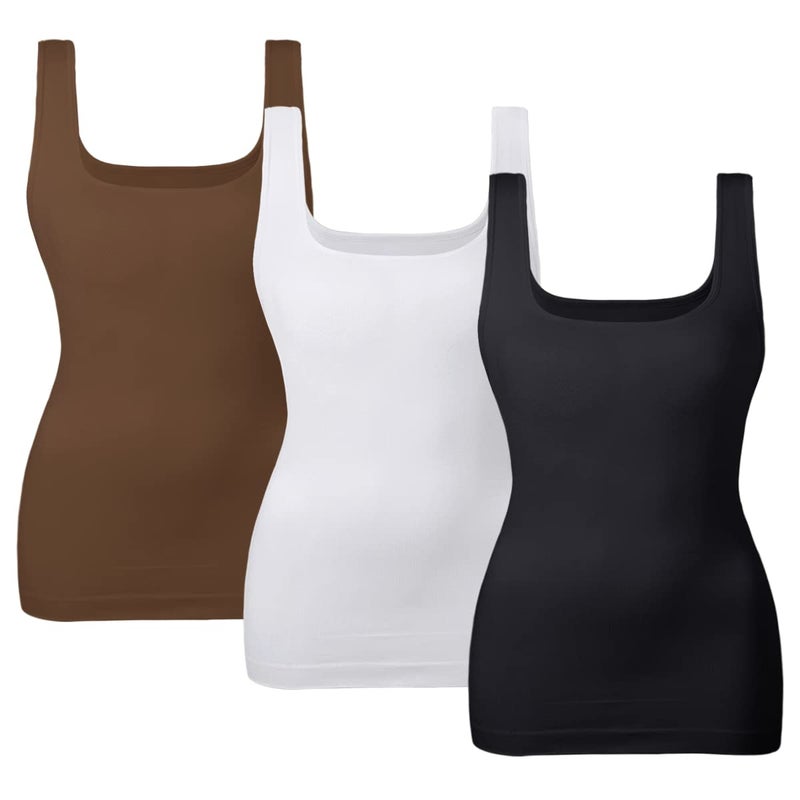 EUYZOU Women's 3PK Tummy Control Shapewear Tank Tops Seamless Square Neck Compression Tops Slimming Body Shaper Camisole-Black/White/Coffee L - Image 1