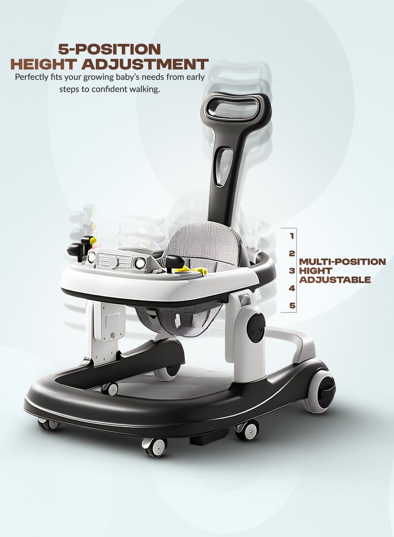 BAYBEE 3 in 1 Rollo Baby Walker for Kids, Baby Push Walker with Parental Push Handle, 5 Adjustable Height, Speed Adjustable, Foldable Kids Walker with Light, Tray & Musical Toddler Walker for Baby 6 to 24 Months Boy Girl Black  - Image 3