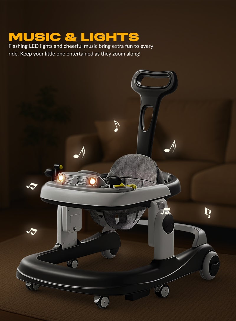 BAYBEE 3 in 1 Rollo Baby Walker for Kids, Baby Push Walker with Parental Push Handle, 5 Adjustable Height, Speed Adjustable, Foldable Kids Walker with Light, Tray & Musical Toddler Walker for Baby 6 to 24 Months Boy Girl Black  - Image 4