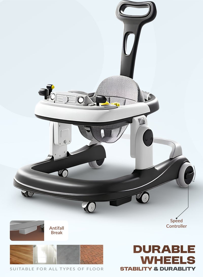 BAYBEE 3 in 1 Rollo Baby Walker for Kids, Baby Push Walker with Parental Push Handle, 5 Adjustable Height, Speed Adjustable, Foldable Kids Walker with Light, Tray & Musical Toddler Walker for Baby 6 to 24 Months Boy Girl Black  - Image 5