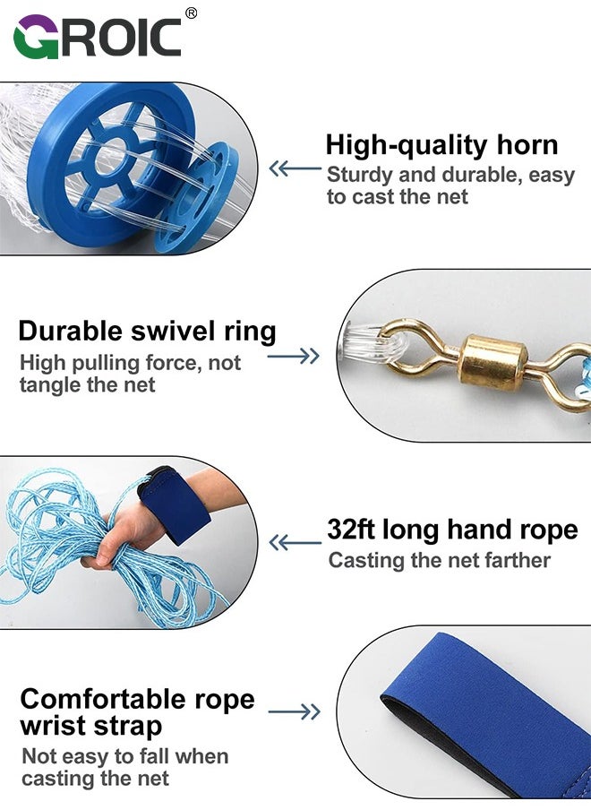 GROIC Casting Net with Fish Cage, Fishing Cast net with Ring, 5.9 ft Radius Tools Cast Nets for Fishing, High Strength Nylon Mesh Casting Throw Nets with Steel Sinker and Synthetic Resin Frisbee  - Image 3