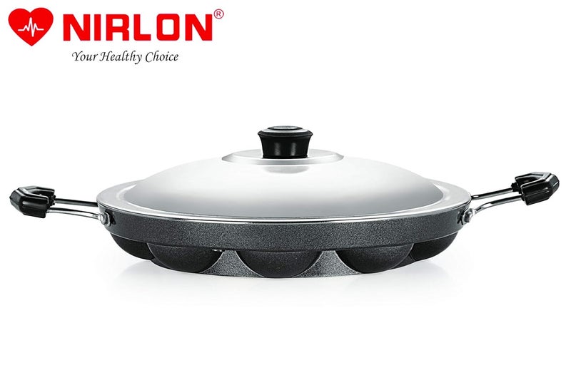 Nirlon Nirlon 12 Cavity Non-Stick Aliminium Appam Patra,paniyarakal with 2 Side Handle and Stainless Steel lid - Image 3