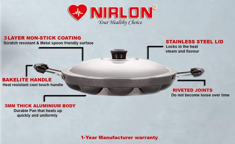 Nirlon Nirlon 12 Cavity Non-Stick Aliminium Appam Patra,paniyarakal with 2 Side Handle and Stainless Steel lid - Image 2