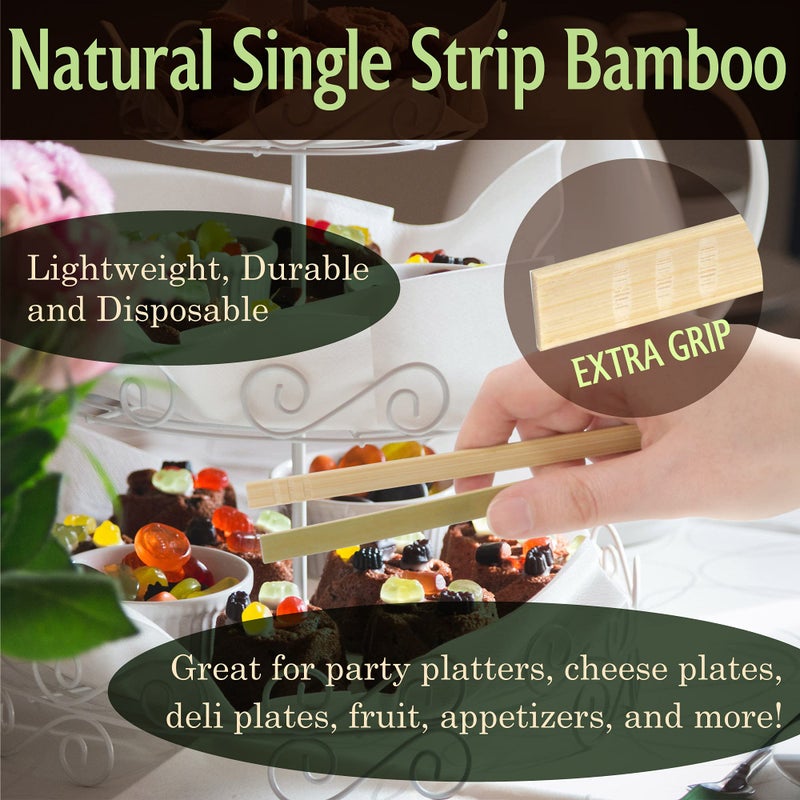 BambooMN BambooMN 6.3" Mini Bamboo Disposable Tongs - Toast Tongs - 100 Pieces  - Image 4