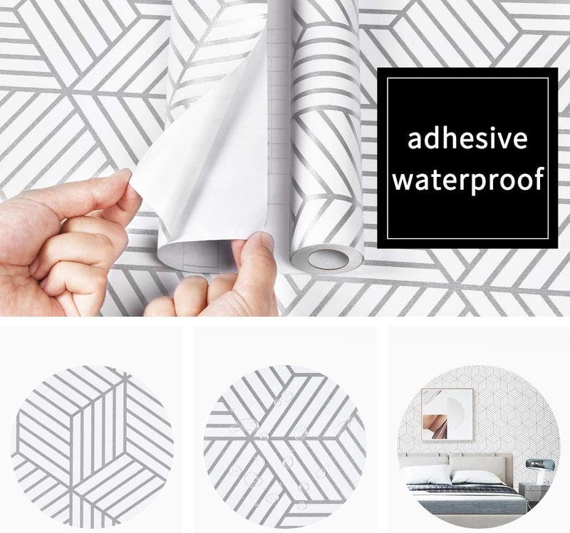 FOKRIM Silver geomatric Wallpaper for Wall Sticker for Home,Office 45.5x305cm Sticker Wallpaper Peel and Stick Hexagon Removable Self Adhesive Waterproof Wallpaper(Pack of 1) - Image 5