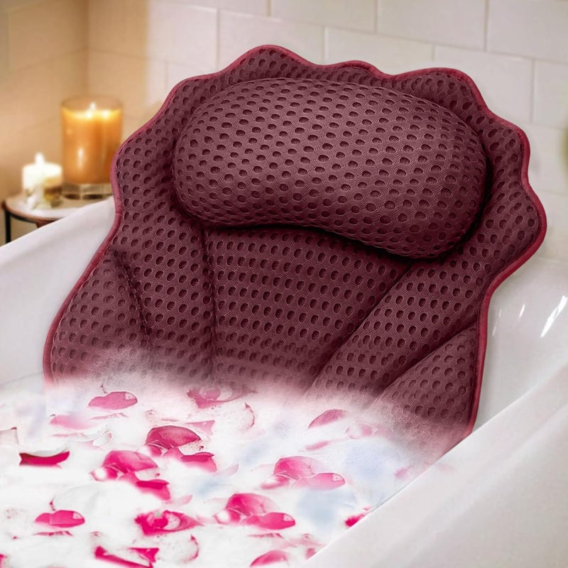 RUVINCE Bath Pillow RUVINCE Ergonomic Luxury Bathtub Pillow with Head,Neck, Shoulder and Back Support, 4D Bath Pillows for tub with 6 Powerful Suction Cups, Fits All Bathtub, Spa Tub, Hot Jacuzzi (Dark red) - Image 1