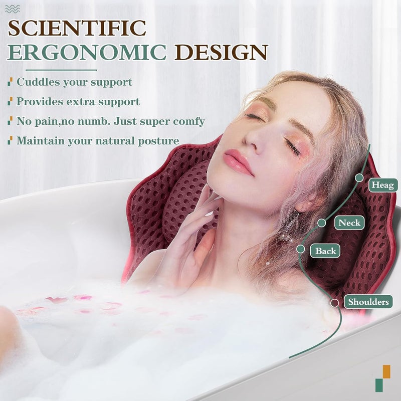 RUVINCE Bath Pillow RUVINCE Ergonomic Luxury Bathtub Pillow with Head,Neck, Shoulder and Back Support, 4D Bath Pillows for tub with 6 Powerful Suction Cups, Fits All Bathtub, Spa Tub, Hot Jacuzzi (Dark red) - Image 2