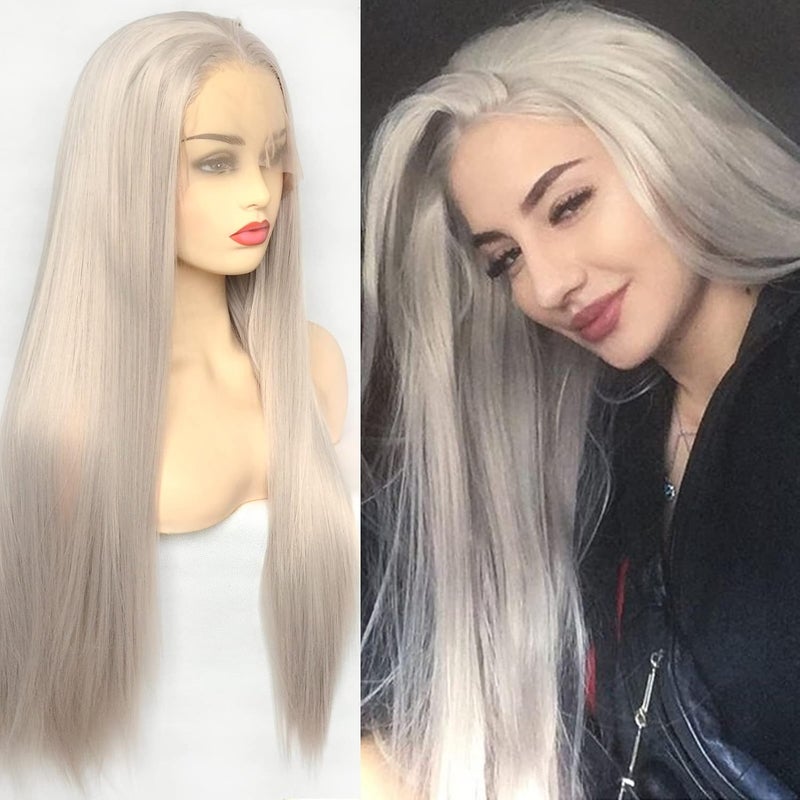 Silver Blonde Straight Lace Front Wigs Trendy Long Half Hand Tied Wig for Women Heat Resistant Synthetic Hair 22 Inches