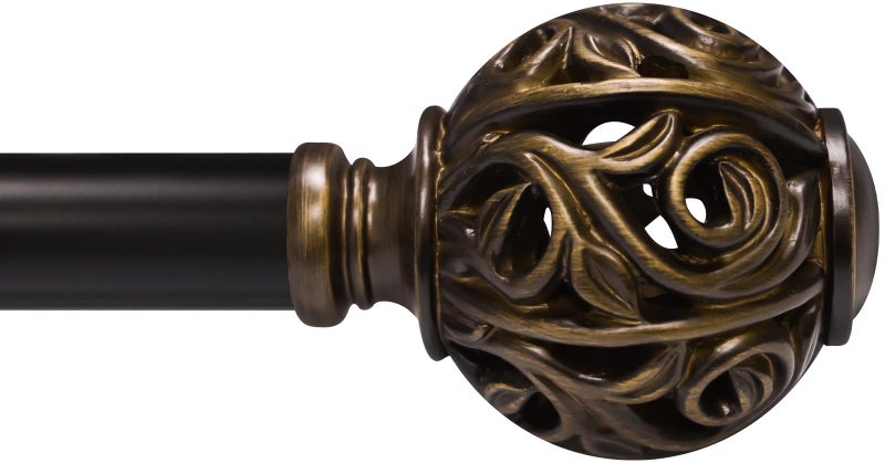 EQURROY 1 Inch Curtain Rod For Windows 66 to 120 Inches, Heavy-Duty Adjustable Decorative Curtain Rod With Rattan Leaf Hollow Finials For Bedroom And Living Room Bronze - Image 1