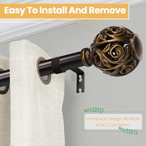 EQURROY 1 Inch Curtain Rod For Windows 66 to 120 Inches, Heavy-Duty Adjustable Decorative Curtain Rod With Rattan Leaf Hollow Finials For Bedroom And Living Room Bronze - Image 2