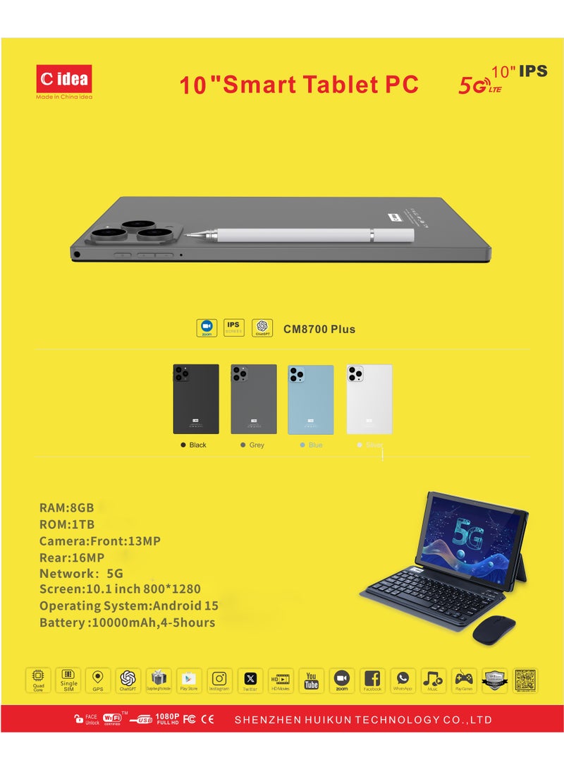سي آيديا CM8700 بلس جهاز لوحي ذكي IPS مقاس 10 بوصات مع لوحة مفاتيح وقلم وماوس 8 جيجابايت RAM 1 تيرابايت ROM كاميرا مزدوجة شريحة واحدة 5G LTE واي فاي GPS أندرويد 15 جهاز لوحي للأولاد والبنات - أسود - Image 4