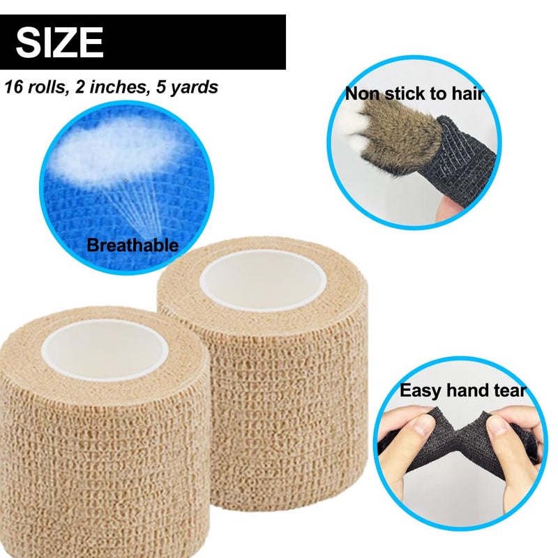 Clooflar 16 Pack Self Adhesive Bandage Wrap, 2" X 5 Yards Multi-Colored Elastic Cohesive Bandage Wrap for Sports, Wrist, Ankle and Vet Wrap, Grip Tape - Image 5