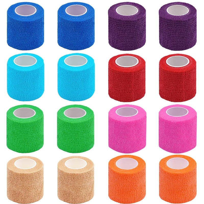 Clooflar 16 Pack Self Adhesive Bandage Wrap, 2" X 5 Yards Multi-Colored Elastic Cohesive Bandage Wrap for Sports, Wrist, Ankle and Vet Wrap, Grip Tape - Image 1