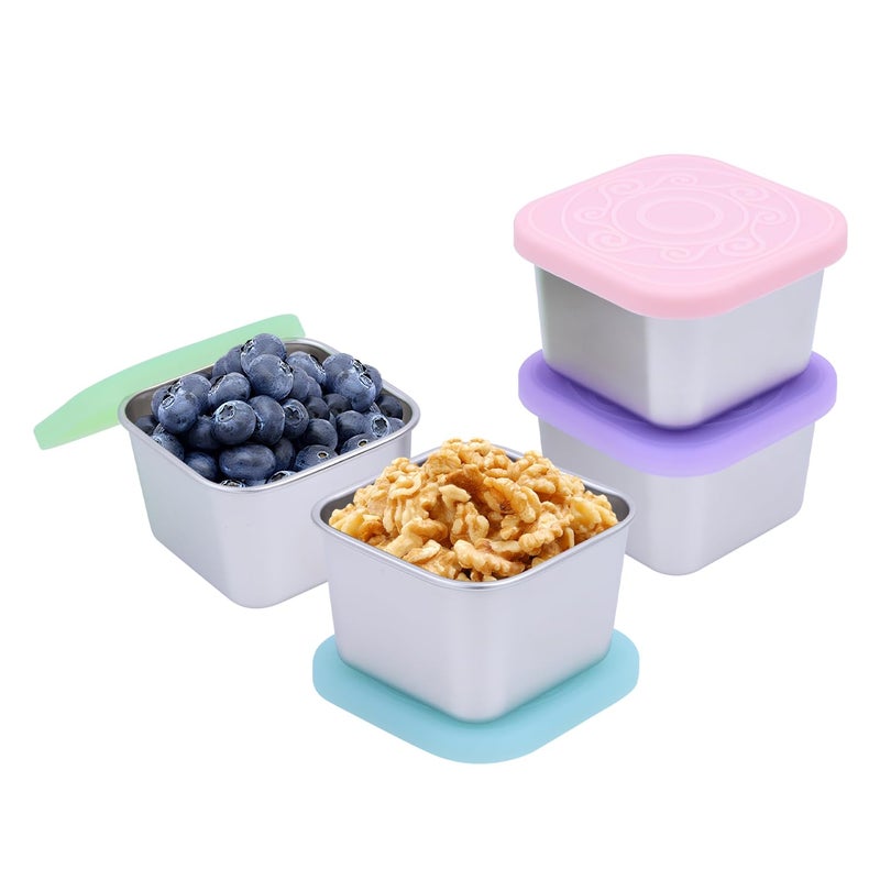 VKVXCLON 4 Pack Stainless Steel Snack Containers, 6oz Snack Box with Silicone Lids,Stackable Portable Small Food Storage Container for Picnic,Travel,School,Office,and Daycare - Image 1