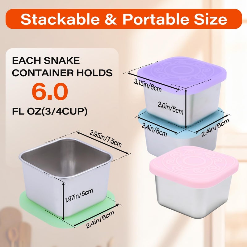 VKVXCLON 4 Pack Stainless Steel Snack Containers, 6oz Snack Box with Silicone Lids,Stackable Portable Small Food Storage Container for Picnic,Travel,School,Office,and Daycare - Image 4