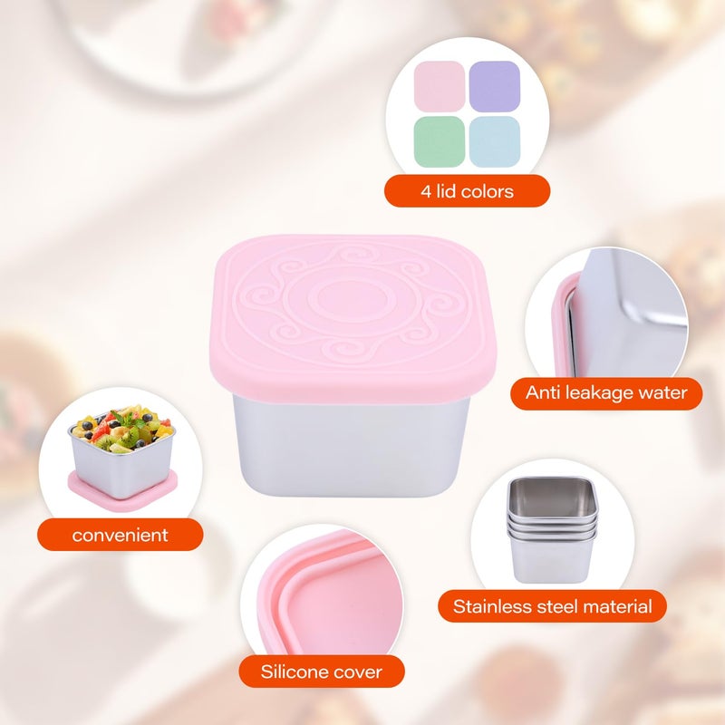 VKVXCLON 4 Pack Stainless Steel Snack Containers, 6oz Snack Box with Silicone Lids,Stackable Portable Small Food Storage Container for Picnic,Travel,School,Office,and Daycare - Image 2