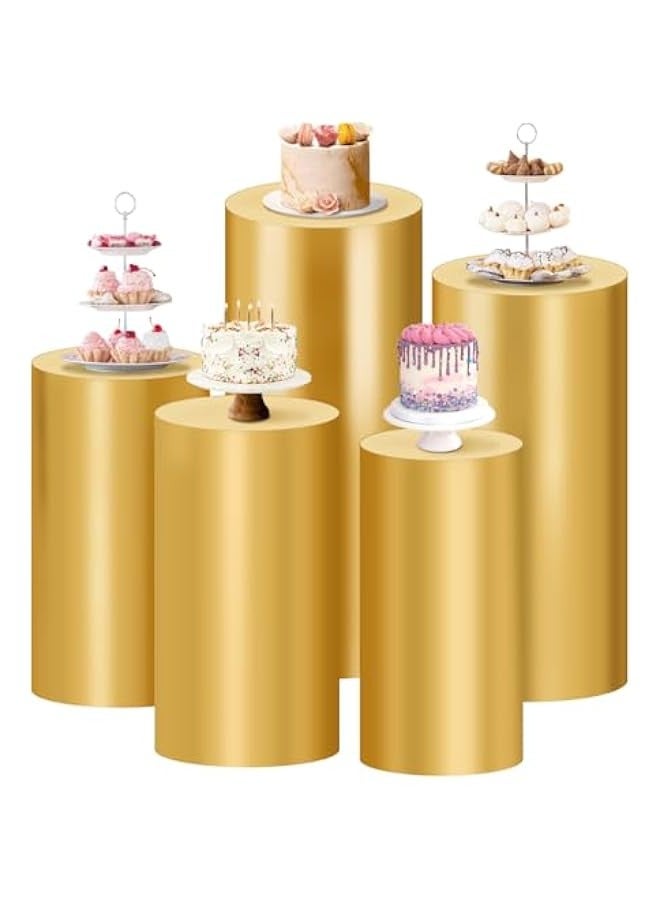 Cylinder Pedestal Stand Covers Spandex Flexible Display Box Stand Covers for Birthday Party Wedding Baby Shower Decoration- Only Stand Covers Included Set of 5 Gold - Image 1