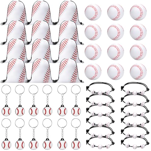 Poen 48 Pcs Baseball Party Favors Include 12 Drawstring Backpack 12 Mini Baseball 12 Keychain 12 Wax Thread Braided Bracelet Inspirational Team Gift - Image 1